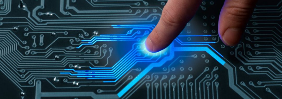 8720149 – power mans finger is charging passive circuit board with blue energy
